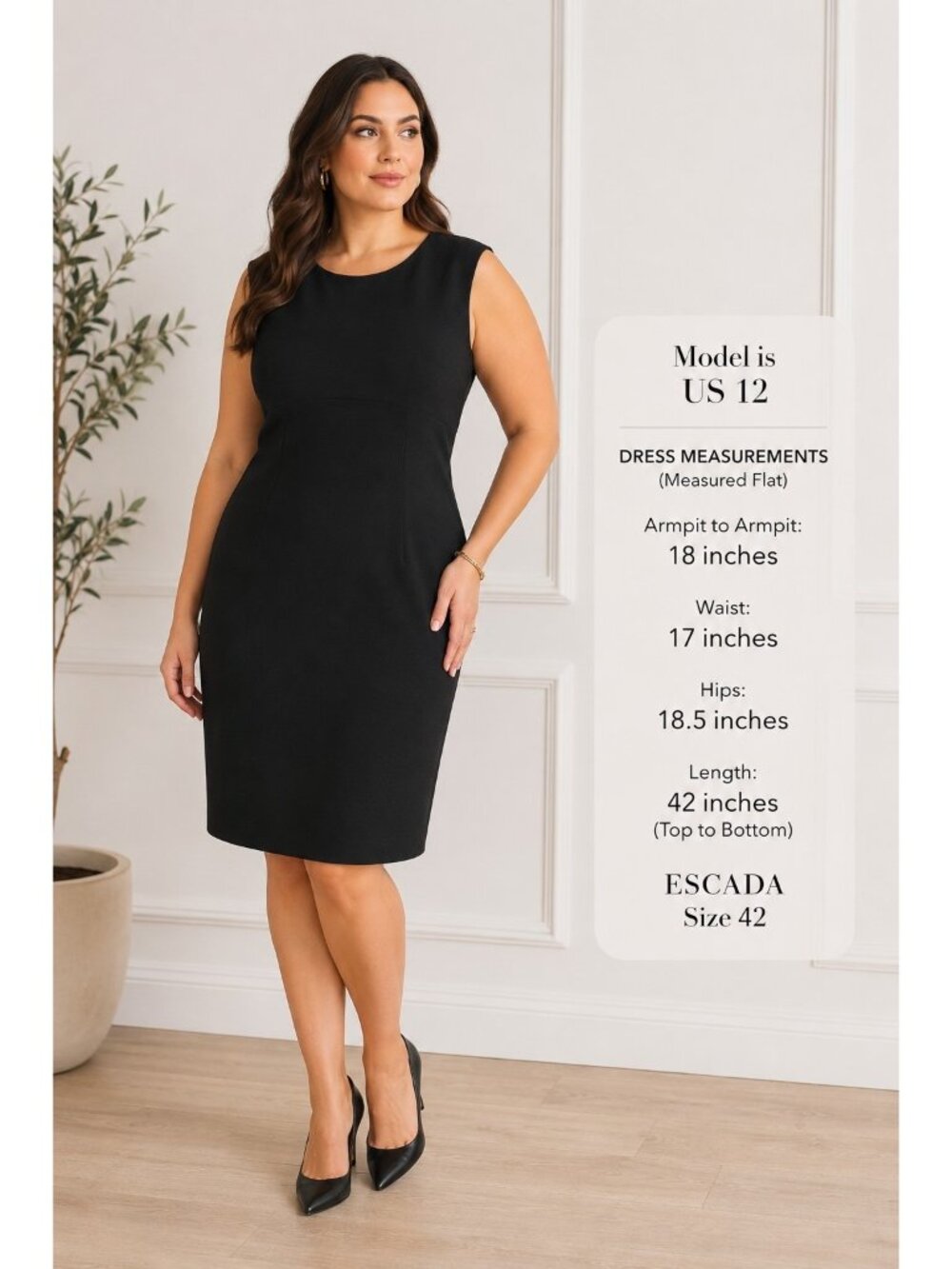 ESCADA Black Virgin Wool Sheath Dress Sleeveless Career Quiet Luxury Size 42